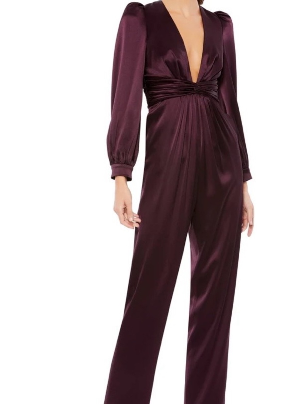 leena for Mac Duggal A2647 Plunge V-Neck Satin Jumpsuit in Deep Plum